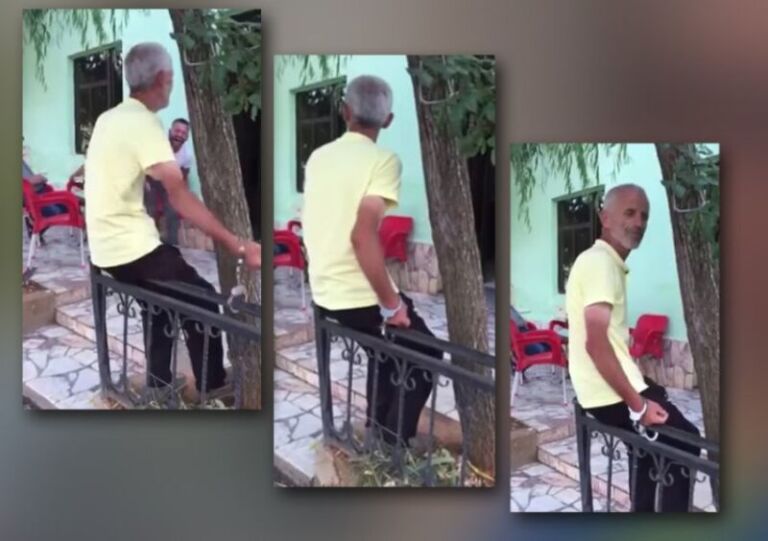 VIDEO/ Degradon policia e Peshkopisë, dëfrehet duke prangosur të dehurin në derën e lokalit