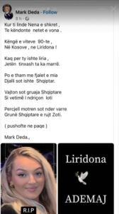 Adriana Matoshit ia ka këputur shpirtin vrasja e Liridonës, ajo realizon poezinë prekëse për të ndjerën