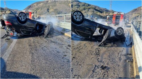 FOTO/ Aksident në autostradën “Elbasan-Tiranë”, përplasen dy mjete, njëri shpërthen në flakë